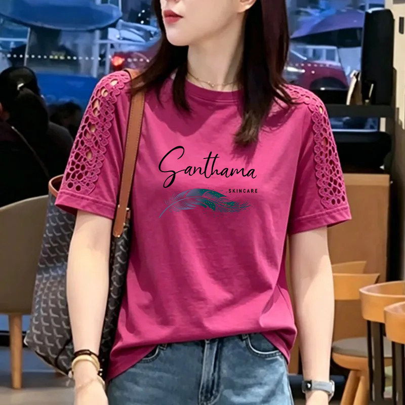 纯棉时尚镂空花边拼接短袖T恤女夏季新款宽松洋气圆领半袖女上衣