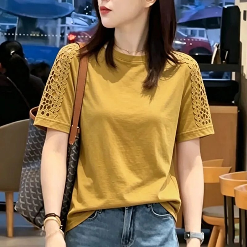 纯棉时尚镂空花边拼接短袖T恤女夏季新款宽松洋气圆领半袖女上衣