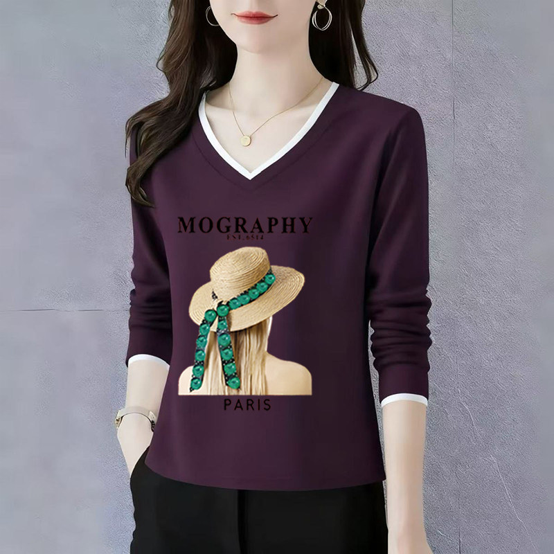 纯棉长袖t恤女士V领打底衫初秋2025新款高端洋气正肩宽松休闲上衣