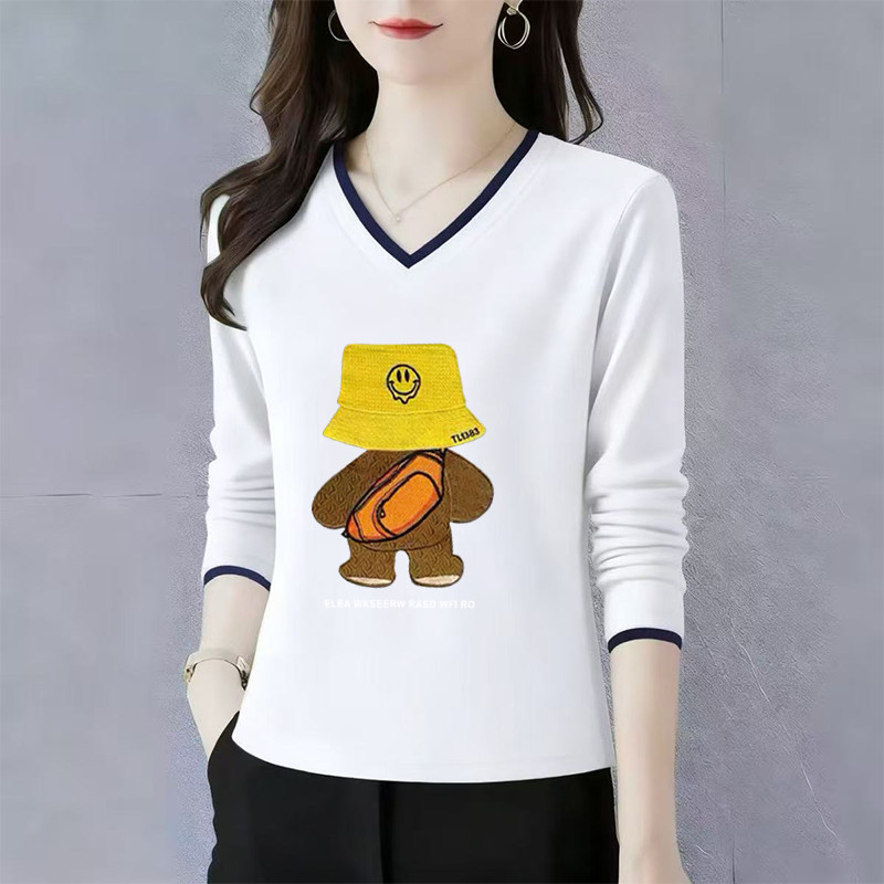 纯棉长袖t恤女士V领打底衫初秋2025新款高端洋气正肩宽松休闲上衣