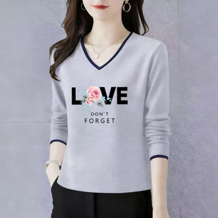 纯棉长袖t恤女士V领打底衫初秋2025新款高端洋气正肩宽松休闲上衣