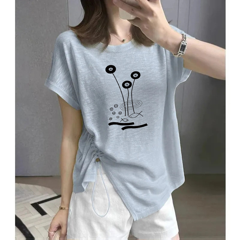 雪花棉圆领T恤女韩版新款不规则短袖设计感减龄显瘦上衣洋气夏潮