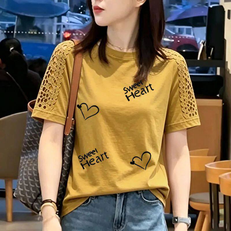 纯棉时尚镂空花边拼接短袖T恤女夏季新款宽松洋气圆领半袖女上衣