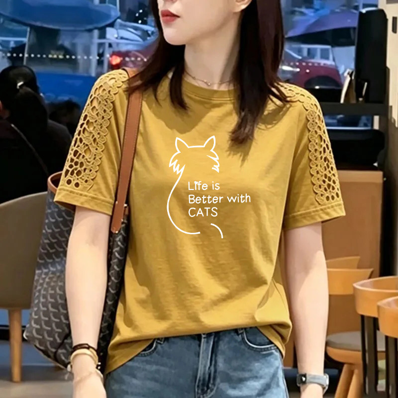 纯棉时尚镂空花边拼接短袖T恤女夏季新款宽松洋气圆领半袖女上衣