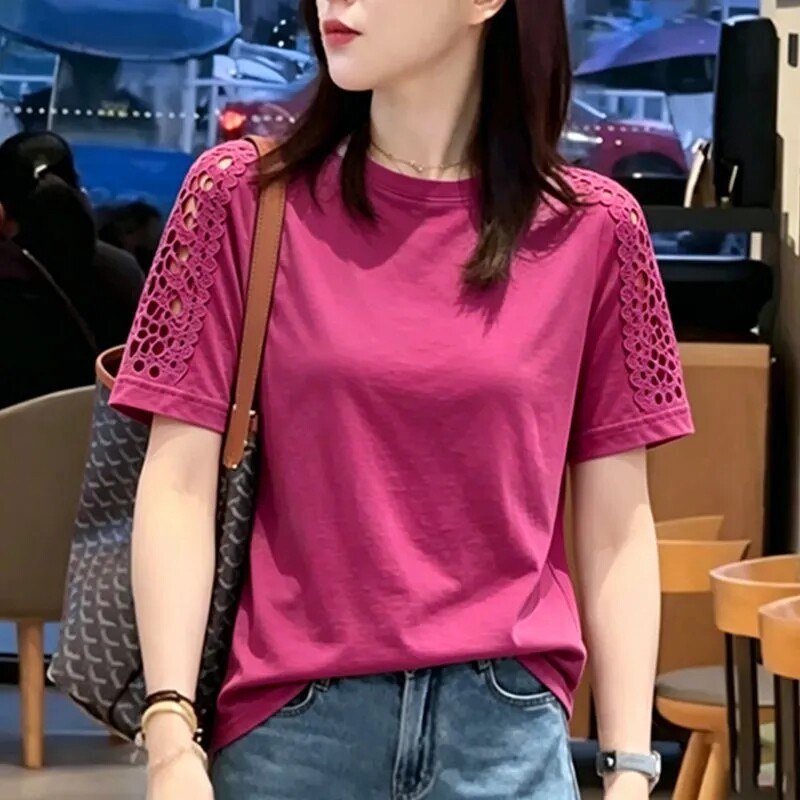 纯棉时尚镂空花边拼接短袖T恤女夏季新款宽松洋气圆领半袖女上衣