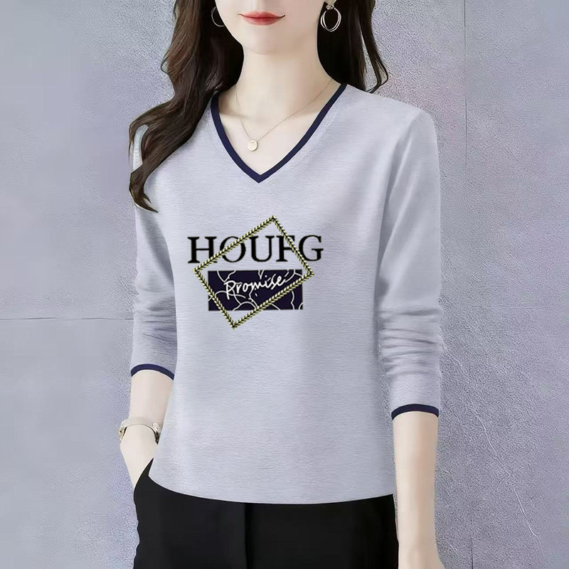 纯棉长袖t恤女士V领打底衫初秋2025新款高端洋气正肩宽松休闲上衣