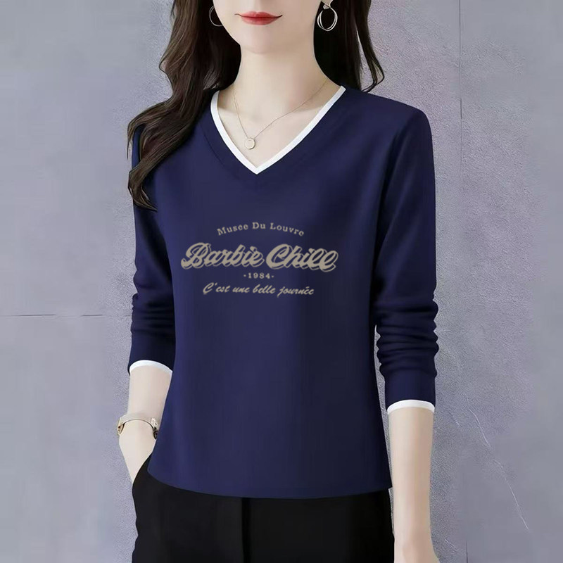 纯棉长袖t恤女士V领打底衫初秋2025新款高端洋气正肩宽松休闲上衣