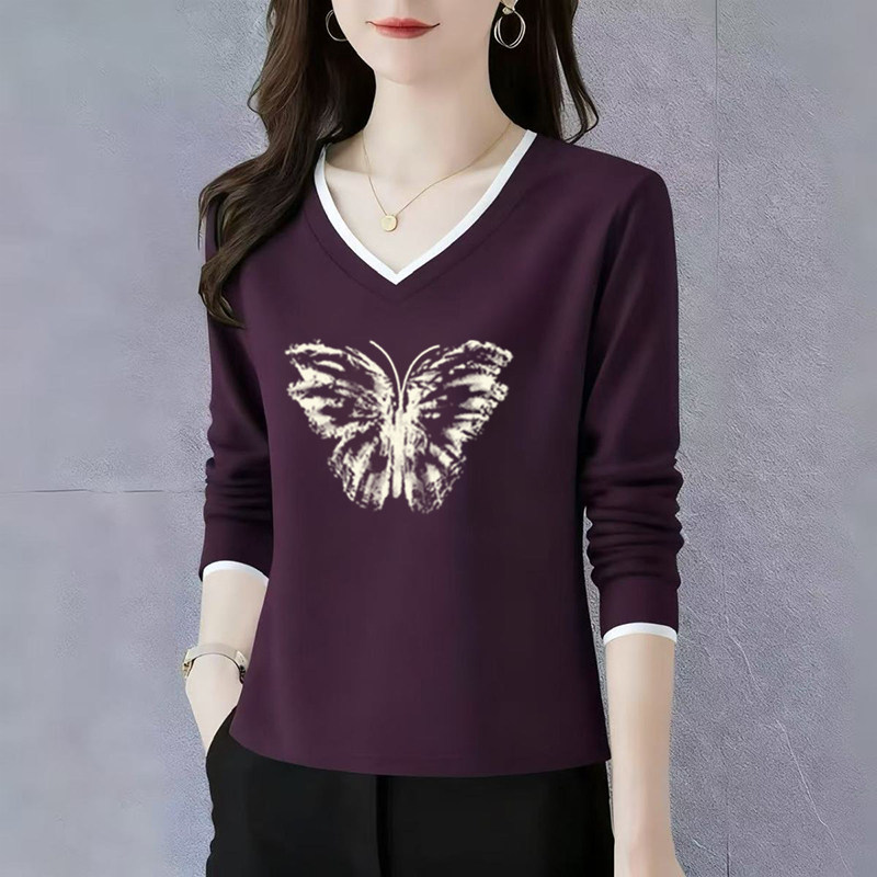 纯棉长袖t恤女士V领打底衫初秋2025新款高端洋气正肩宽松休闲上衣