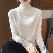 中式 秋冬半高领德绒打底衫 女复古民族风长袖 T恤国风刺绣保暖上衣