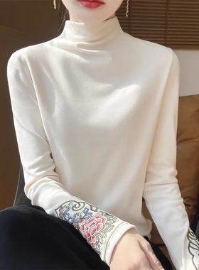 秋冬半高领德绒打底衫女复古民族风长袖中式T恤国风刺绣保暖上衣