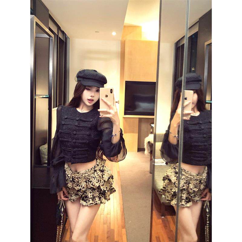 法式网纱拼接长袖修身衬衫女春季时尚套装设计感刺绣半身裙两件套