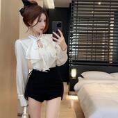 纯欲辣妹荷叶边衬衫 2024秋冬法式 设计感小众镶钻别致白色收腰衬衣