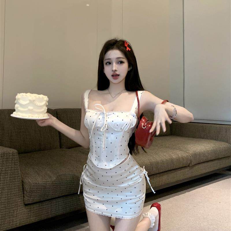 法式波点短款背心女装 夏季辣妹两件套 绑带包臀半身裙 通勤风修