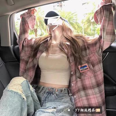 衬衣2025新款秋季装设计感小众上衣覆古长袖粉色格子衬衫外套女