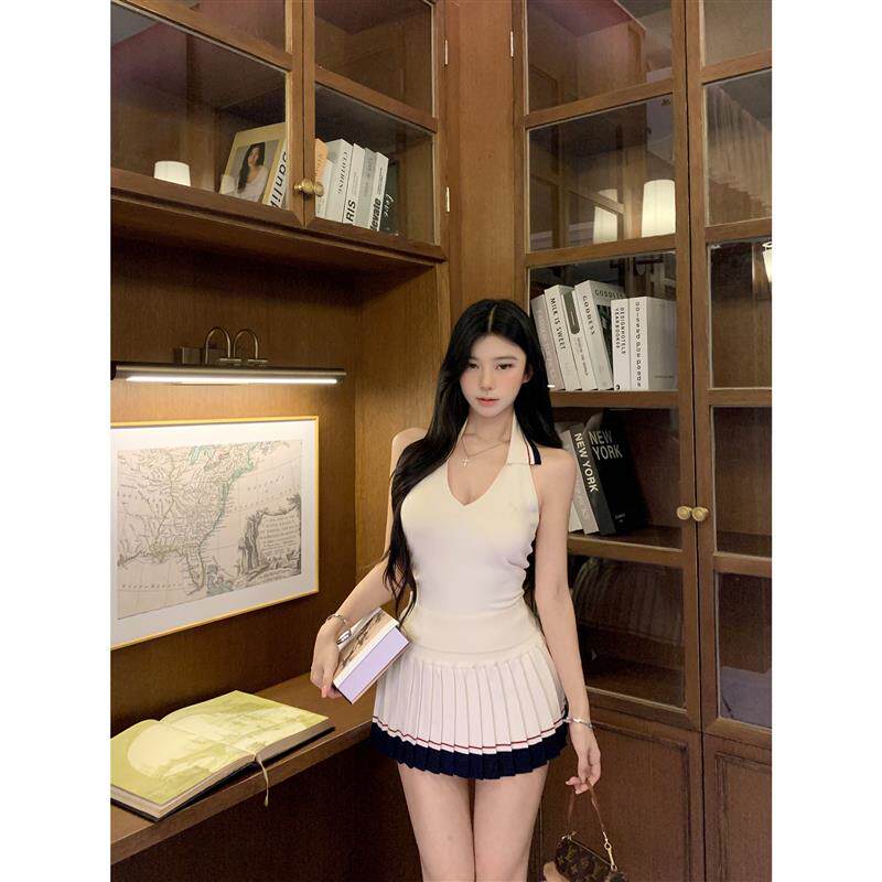 美式辣妹撞色无袖挂脖背心女夏季学院风套装高腰百褶半身裙两件套