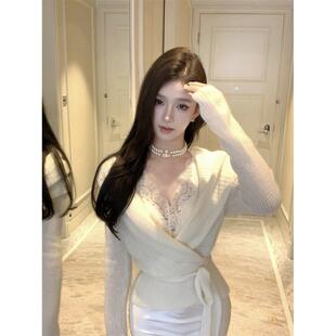 温柔风交叉v领长袖毛衣外套女冬季绑带宽松针织开衫软糯百搭上衣