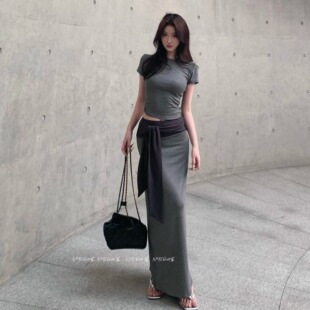 BABYblue【漫步泰兰德】复古千金显瘦修身短袖上衣绑带半裙两件套