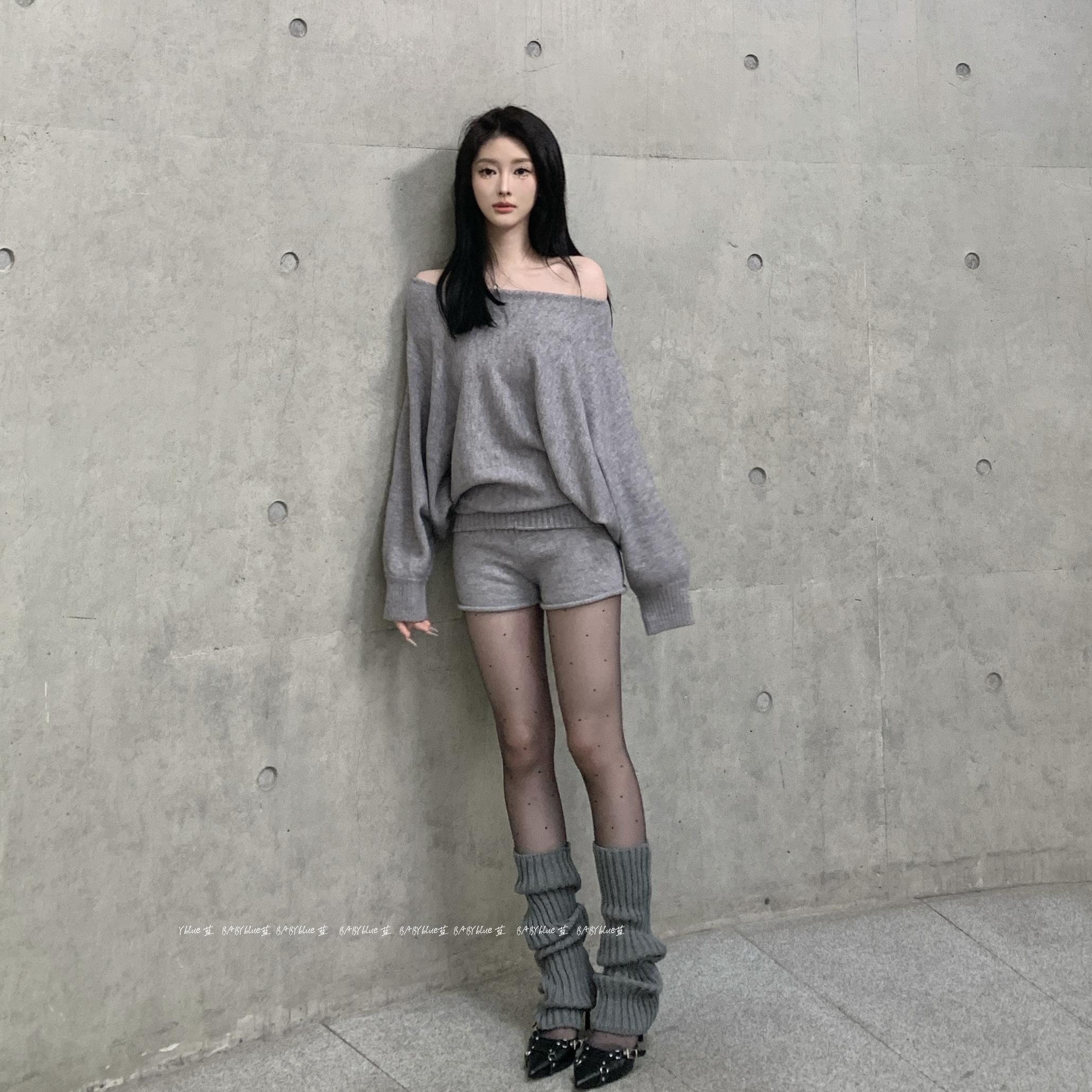 BABYblue斜肩针织慵懒休闲套装图片