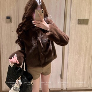 BABYblue【人间富贵】仿貂绒保暖皮毛一体秋冬立领环保皮草短外套