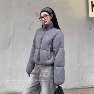 BABYblue【大象灰】时尚新款纯色短款保暖立领拉链针织棉服外套