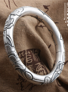 圆条雕花开口复古民族风纯银手镯