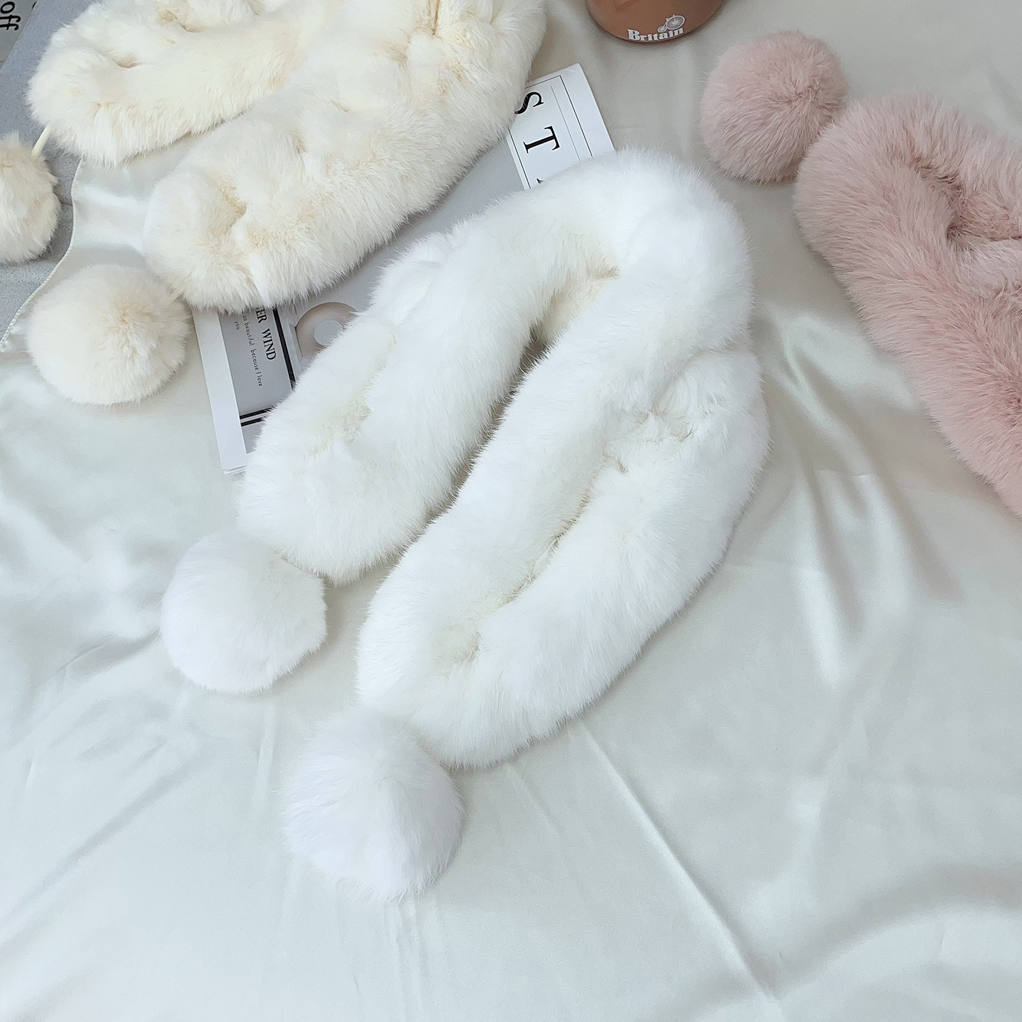 兔毛围巾女冬季韩版毛绒皮草围脖双面纯色球球可爱加厚保暖真毛