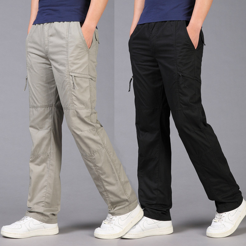 夏季男士休闲裤加肥加大码长裤薄款松紧腰男纯棉多口袋宽松工装裤