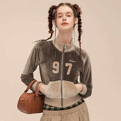 越越潮社美式高领丝绒开衫卫衣