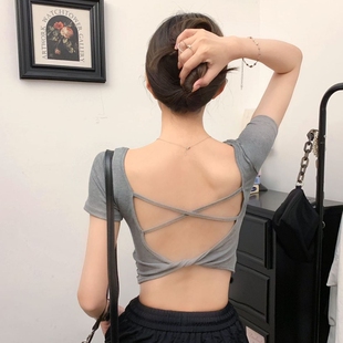 高级感美背瑜伽服女显瘦性感带胸垫运动健身上衣免穿内衣短袖T恤