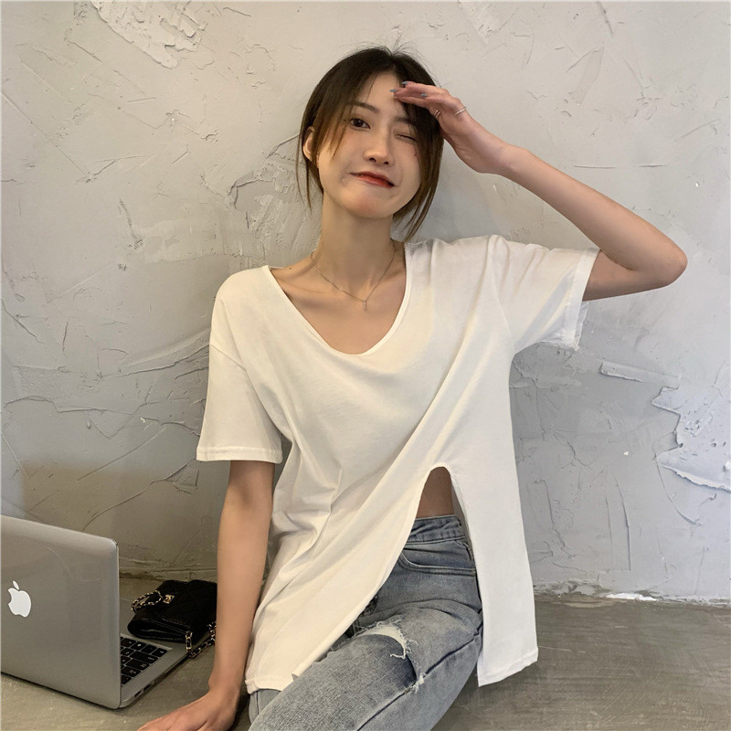 弹力中长款瑜伽服上衣女短袖运动跑步罩衫遮臀宽松健身衣夏薄V领