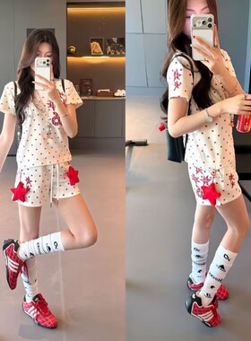 女透气星星刺绣短袖短裤运动套装
