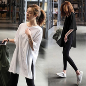 跑步侧开叉上衣 健身衣女过臀胖妹妹遮肉显瘦运动短袖 大码 宽松长款