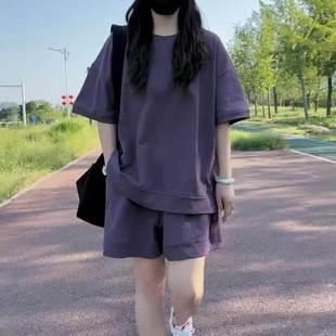 胖mm夏季大码200斤遮肉减龄宽松速干瑜伽服运动跑步短裤健身套装