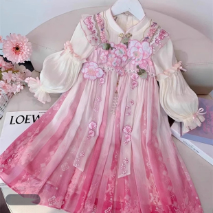 女童新中式长袖连衣裙春装2025新款国风汉服襦裙女孩洋气公主裙