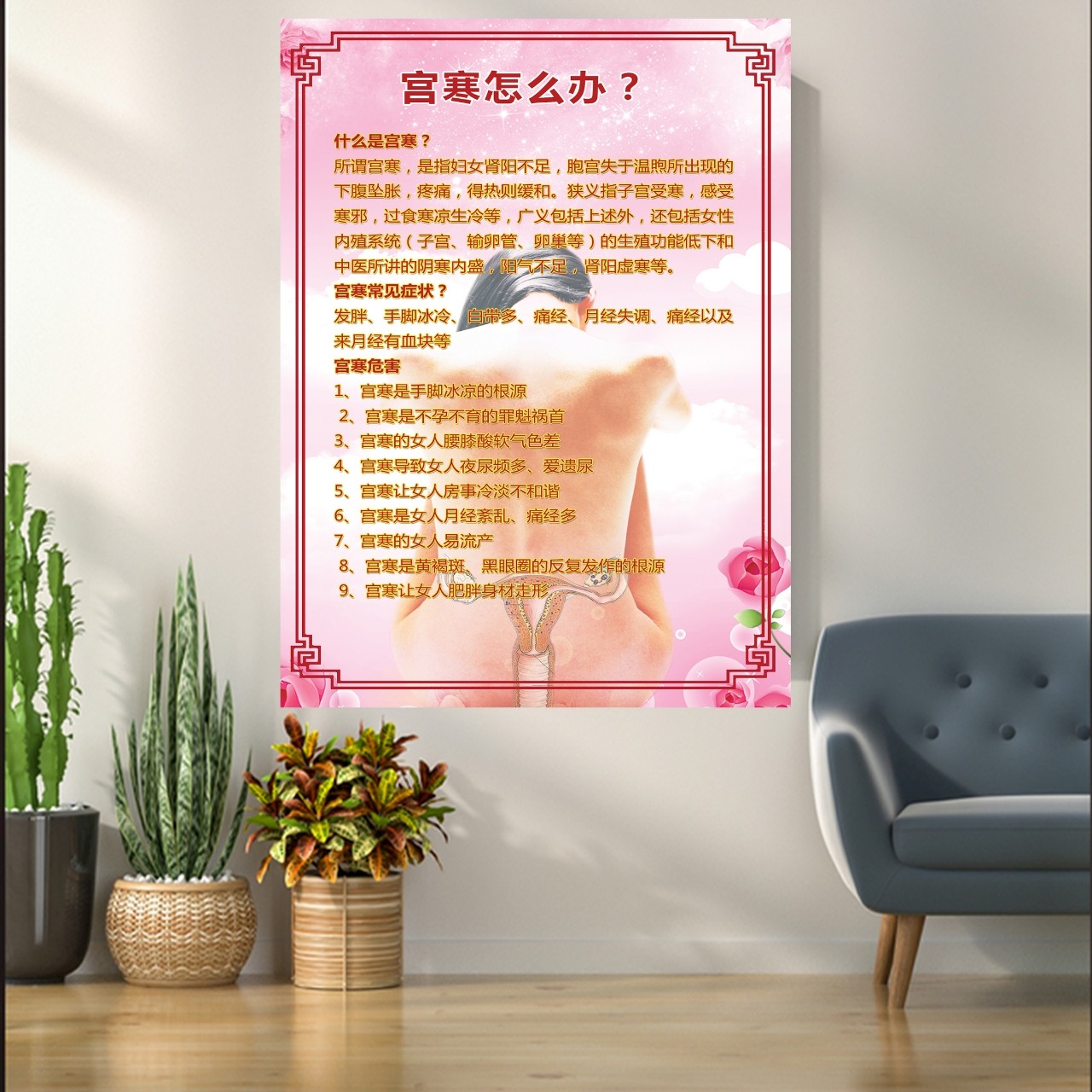 养生馆宫寒宣传画墙贴画子宫保养图片美容院挂画宫寒的危害海报图
