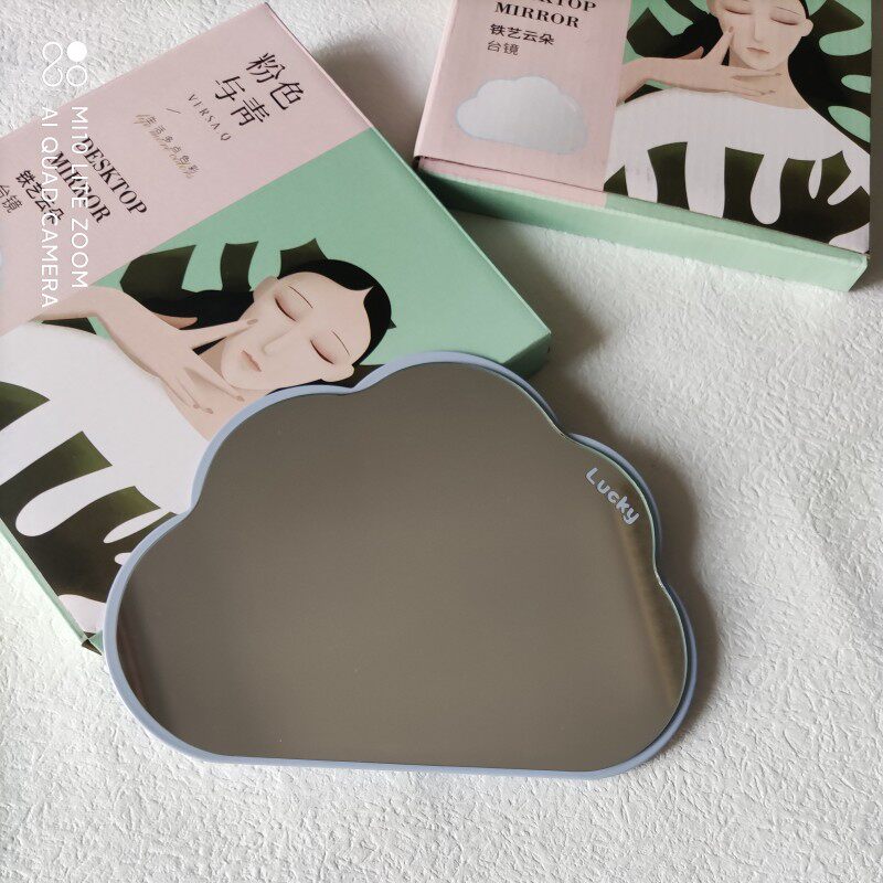 粉色与青化妆镜金属台式镜随身镜可折叠卡通学生用圆形桌面便携式