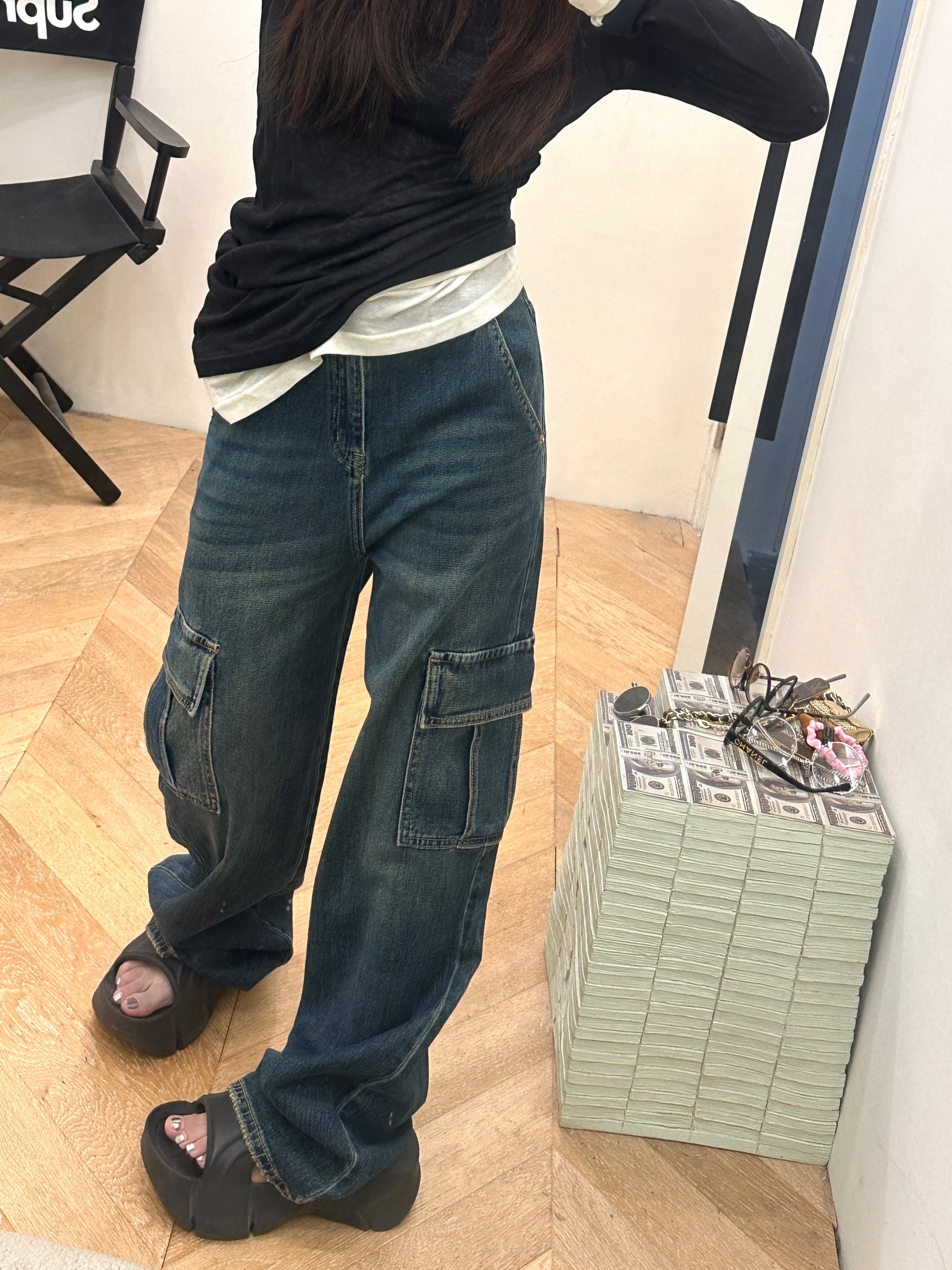 ZZING虾 2025年秋季新款大口袋工装风牛仔裤直筒宽松长裤复古蓝女