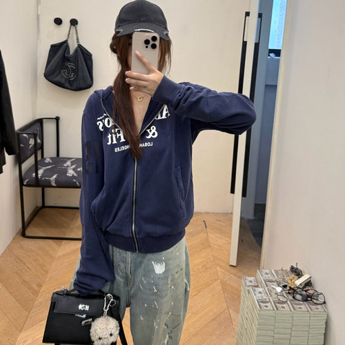 ZZING虾 2026年秋季新款jennie同款蓝色做旧洗水拉链卫衣连帽