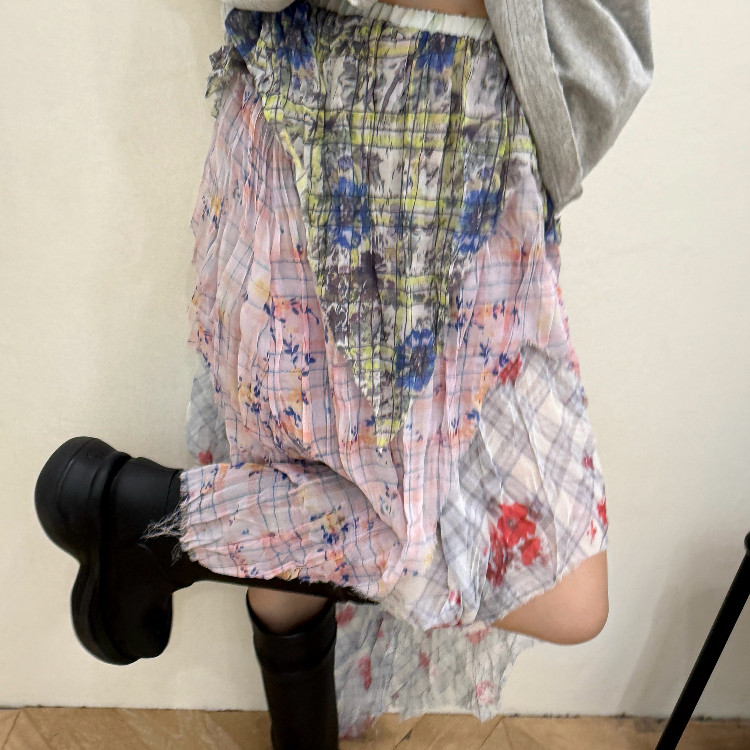 ZZING虾 2025年夏季新款小众设计破碎感不规则做旧碎花裙半身裙女