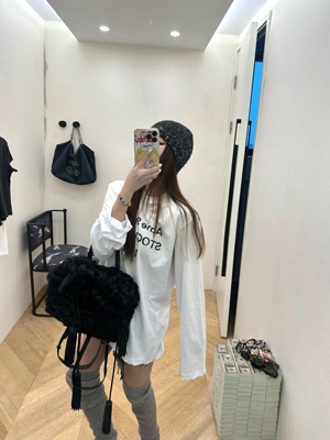 长袖复古做旧白鹿同款T恤