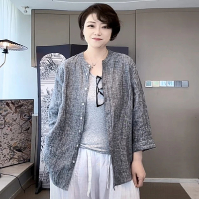 【U.M】深呼吸文艺风立领亚麻衬衫