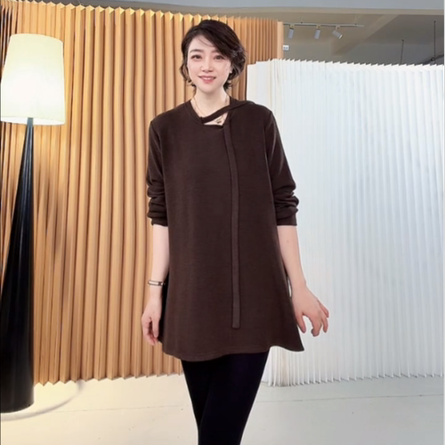 【U.M】羊毛系带圆领长袖上衣女 宽松软糯亲肤侧边开叉气质打底衫