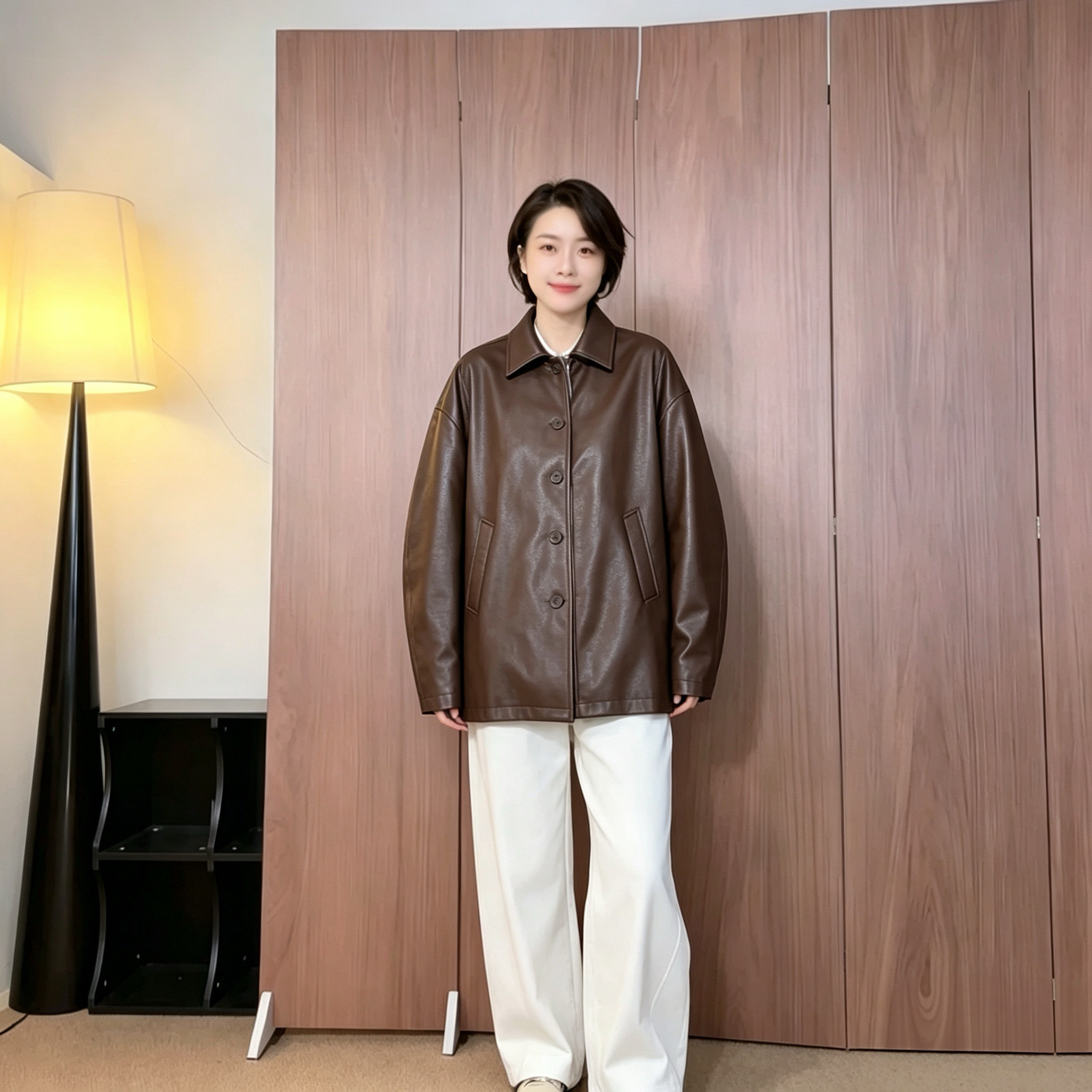 【U.M】男士荔枝纹羊皮翻领宽松皮衣中长款直筒真皮风衣外套