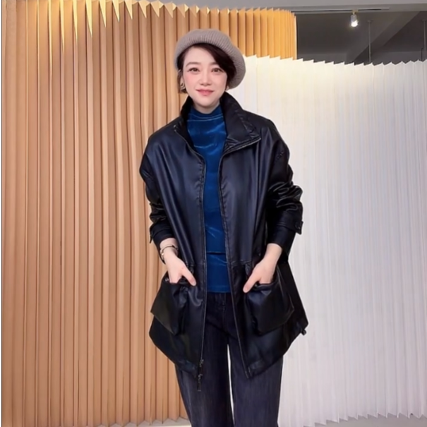 【U.M】绵羊皮工装皮衣外套女 中长款宽松立领真皮夹克通勤上衣