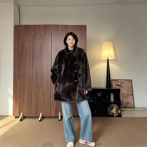 【U.M】轻奢翻领羊毛革皮毛一体宽松皮草外套中长款气质百搭