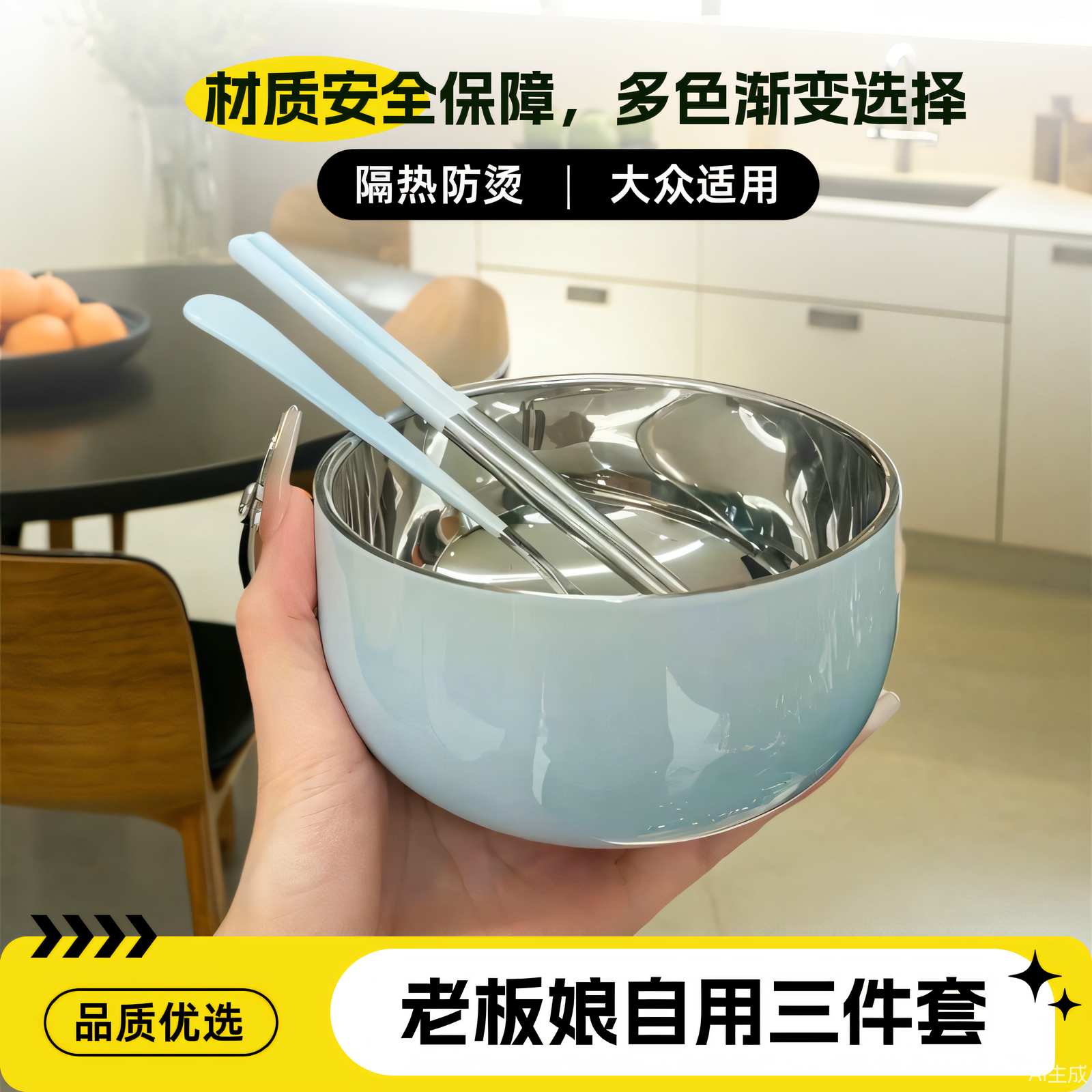 漂亮的三件套304不锈钢碗家用加厚渐变色餐具个人专用一筷一勺子