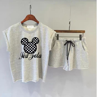 大码休闲时尚运动套装夏季新款小熊头图案无袖上衣短裤两件套