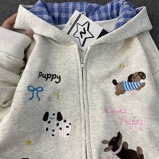 美式卡通格纹小狗刺绣加绒连帽卫衣女男秋季新款学院风情侣外套