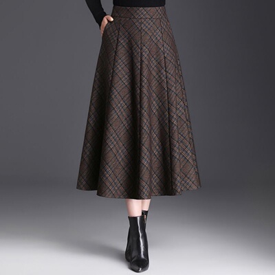 轻奢高腰格子中长款A字半身裙