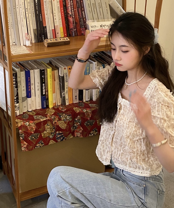 Real shot monitoring rural Platycodon grandiflorum girlish custom craft mesh short small square collar short sleeve top